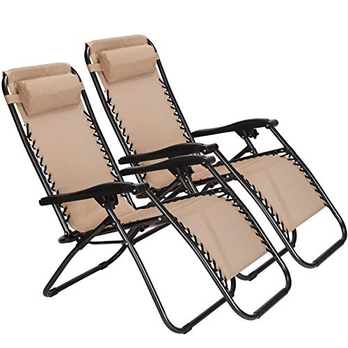 Idealchoiceproduct 2-Pack Tan Color Zero Gravity Outdoor Lounge Chairs Patio Adjustable Folding Reclining Chairs With Free Cup/Drink Utility Tray #TOP12