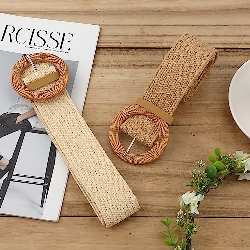 2-Piece Braided Straw Dress Belts with Wooden Buckle - Beach-Ready Wide Waist Belts for Women's Summer Dresses (White, Light Tan)3