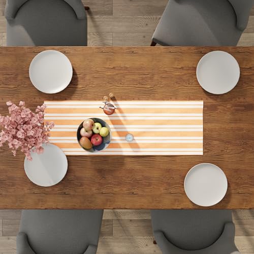 Image of Encasa XO Cotton Table Runner for 4 Seater | Size 13x36 in | Franca Yellow Stripes - Machine Washable & Durable