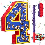 16 Inch Number 4 Blue and Golden Rings Pinata for Birthday Party Decorations, Blue Golden 4th Birthday Party Favor Supplies Fiesta Anniversary Celebration Birthday Pinata with Stick Blindfold Confetti