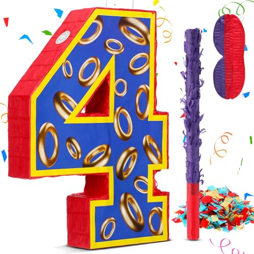 16 Inch Number 4 Blue and Golden Rings Pinata for Birthday Party Decorations, Blue Golden 4th Birthday Party Favor Supplies Fiesta Anniversary Celebration Birthday Pinata with Stick Blindfold Confetti
