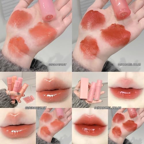 Image of Gege Bear Light Mirror Lip Glaze | Moisturizing & Long Lasting | Hydrating & Non-Sticky Shades | Liquid Lipstick with Brush Applicator | Waterproof Aesthetic Makeup | Pink Brown Nude Candy Red | Glossy Lipstick Combo Pack Set with Glow Shine Makeup for Women Girls (01# Peach Powder, 2.5g)