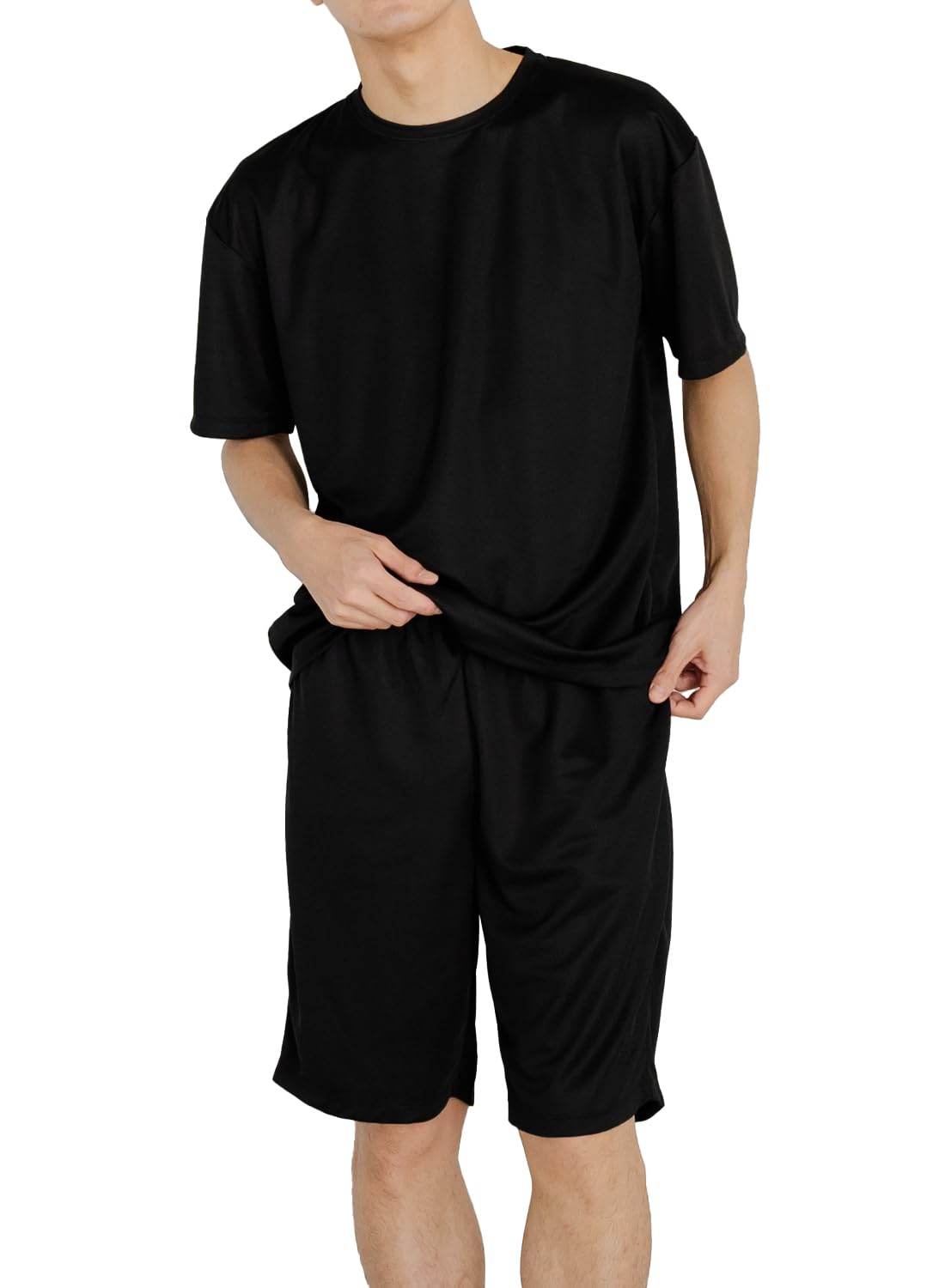 Men's Pajamas, Spring/Summer, Top and Bottom Set, Short Sleeve, Sweat Absorbent, Quick Drying, Cool to Touch, Antibacterial, Odor Resistant, Comfortable Sleep, Room Wear, Dry Mesh Fabric LL Black