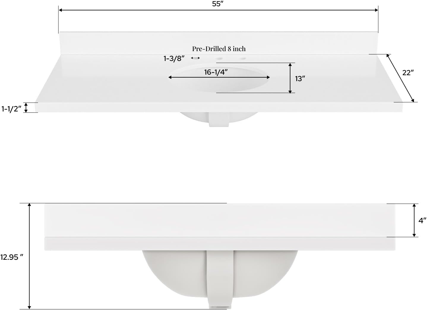 ARIEL 55 inch Bathroom Vanity top with Sink, 1.5 Inch Thick Miter Edge White Quartz top, Oval Single Porcelain Sink, Includes Backsplash