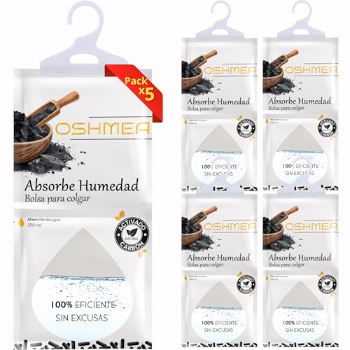 OSHMEA® Pack de 5 Bolsas Antihumedad PREMIUM con CARBON ACTIVADO | Bolsas Deshumidificadoras para colgar | Deshumidificador Armario | Previene Humedad y Malos Olores en Ropa y Armarios | Alta Eficacia