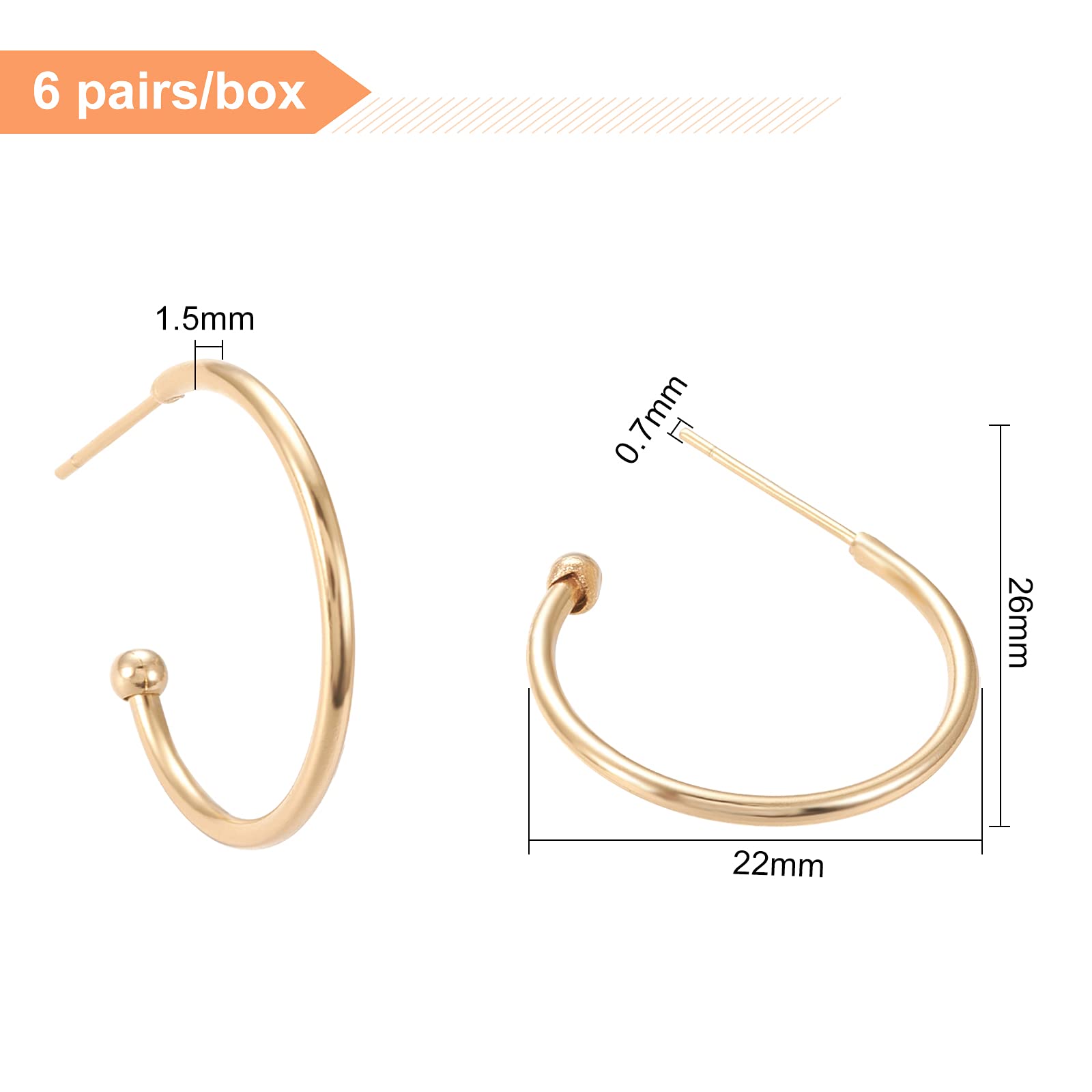 BENECREAT 6 Pairs 18K Gold Plated Half Hoop Earrings Round Earring Hoops for DIY Jewelry Making