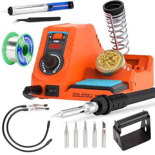Image of 926LED V3 Entry-Level 60W Soldering Station Iron Kit in Orange with Temperature Control includes Helping Hands, Lead-Free Solder, 6 Soldering Tips, ESD-Safe Tweezers, Sleep Mode