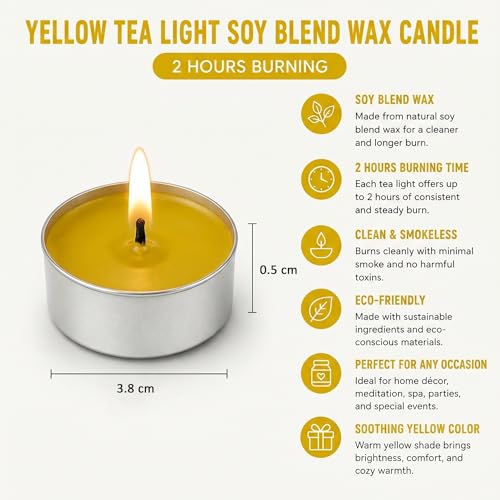 Image of Unscented Tea Light Candles | Soy Wax Blend Long-Lasting with Cotton Wick | Perfect for Home Decor, Parties, Weddings, and More | Set of 100 (Yellow)