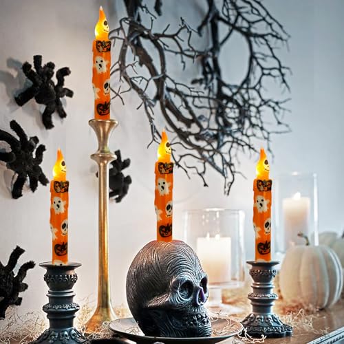 Image of Halloween Candlesticks Flameless Taper Candle, 4pcs Printed LED Tapered Candles Remote Dipped Candle 6inch Battery Chandelier for Enchanting Weddings and Harry Potter Inspired Vigils(Hall)