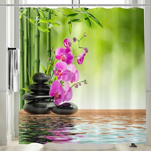 Vgzsyomqib Rideau Douche Anti Moisissure Motif Zen Rideaux Baignoire 180x200 Tissu Polyester Imperméable Waterproof Imprimé Bambou Orchidée Galet Rideau de Douche...