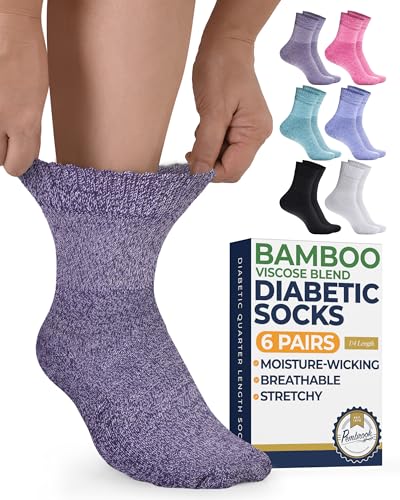 Pembrook Bamboo Viscose Diabetic Socks for Women & Men - 6 Pairs Ankle Socks for Swollen Feet | Neuropathy Socks | Edema Neuropathy Socks for Women | Diabetic Socks Women 9-12