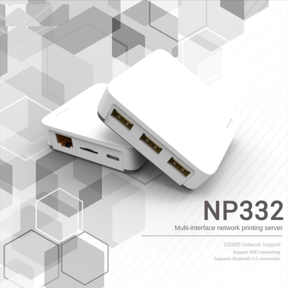 NP332 Servidor de impresión de red USB de 3 puertos, servidor de impresión de red multiinterfaz, fácil de instalar, fácil de usar (versión de red + Bluetooth + WiFi)