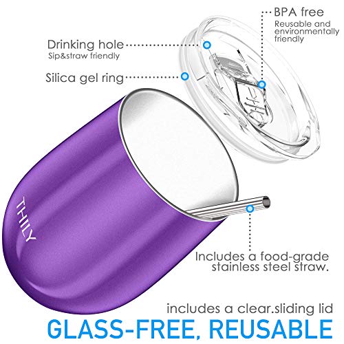 THILY Vacuum Insulated Stemless Wine Tumbler Triple-Insulated Stainless Steel Wine Glass with Lid, Reusable Straw, 350 ml - Image 3