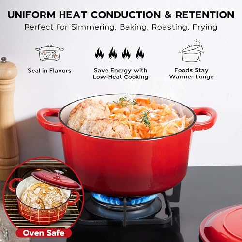 Onader 5QT Enameled Cast Iron Dutch Oven, Round Dutch Oven Pot with Lid for Sourdough Bread Baking - Red