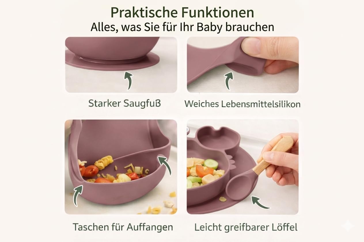 Eliano Set di 6 pezzi in silicone per bambini con piatto per granchio – stoviglie antiscivolo con ventosa, tazza con cannuccia, cucchiaio, forchetta e bavaglini – senza BPA, lavabile in lavastoviglie