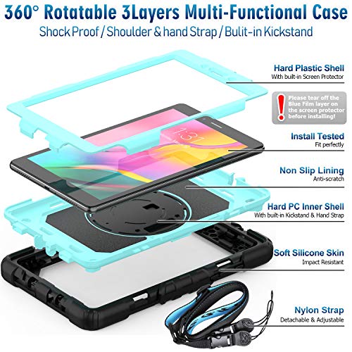 Timecity Tablet Case For Samsung Galaxy Tab A 8.0 2019 Release (Only Fit Sm-T290/T295/T297), Tablet Case Protector With Rotating Stand Screen Protector Handle Shoulder Strap, Black/Light Blue #TOP6