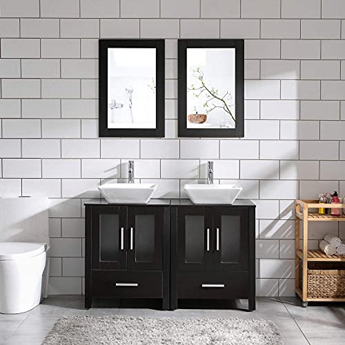 48\" Bathroom Vanity Cabinet and Sink Combo Double Top w/Vessel Sink,Mirror,Faucet&Draint Set (Black)â€¦