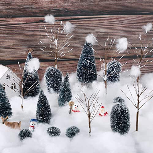 Christmas Village Set 12 Pcs Mini Sisal Trees Artificial Christmas Trees 80G White Snow Cotton Tabletop Pine Trees Snow Covered Christmas Village Displays Model Accessories #TOP1