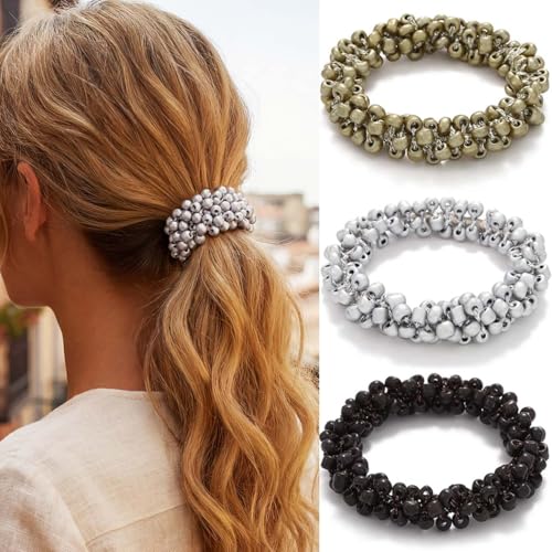 Reaky Haargummis mit Perlen, Strass-Haargummis, Perlen, Pferdeschwanzhalter, 3 Stück, elastisches Haarband, Haar-Accessoires für Damen (schwarz, gold, silber)