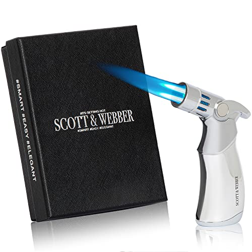 Scott & Webber® - Briquet tempête avec 4 jet flammes - Briquet chalumeau métallique rechargeable, à gaz, réglable jusqu'à 1300°C - dans une boîte élégante