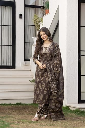 Image of PARTHVI Women's Cotton Printed Kurta Set with Pants & Dupatta | Elegant Ethnic Wear for Women | Floral Print | Comfortable Suit Set