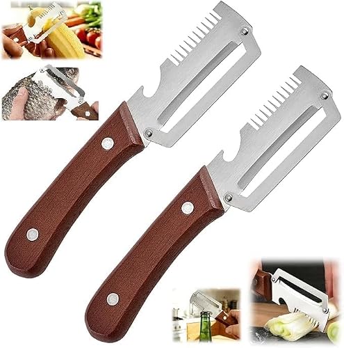 2 Stück Multifunktionaler Gemüseschaler für Küche, Ultrascharfe Edelstahlklinge mit Holzgriff und Flaschenöffner, 3-in-1 Küchenschäler für Gemüse oder Obst, Ergonomisches Küchenwerkzeug