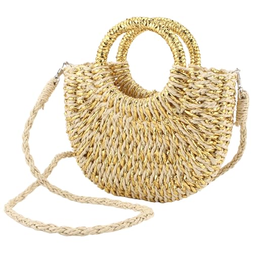 Image of Rattan Handmade Straw Tote Handbag Beach Shoulder Bag Summer Beach Rattan Bag Straw Bag