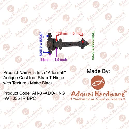 Image of Adonai Hardware Adonijah Antique Cast Iron Strap T Hinge with Texture (8 inch x 2 Pack, Matte Black) for Barn Doors, Gates, Kitchen Cabinets, Sheds, Wooden Box, Furniture, Cedar Chest and Trunks