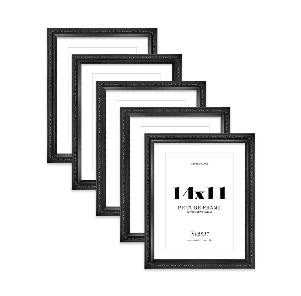 Black Ornate Picture Frame 14x11 With A4 Mount for Photos - Wall & Table Display, Landscape or Portrait, 5 Pack