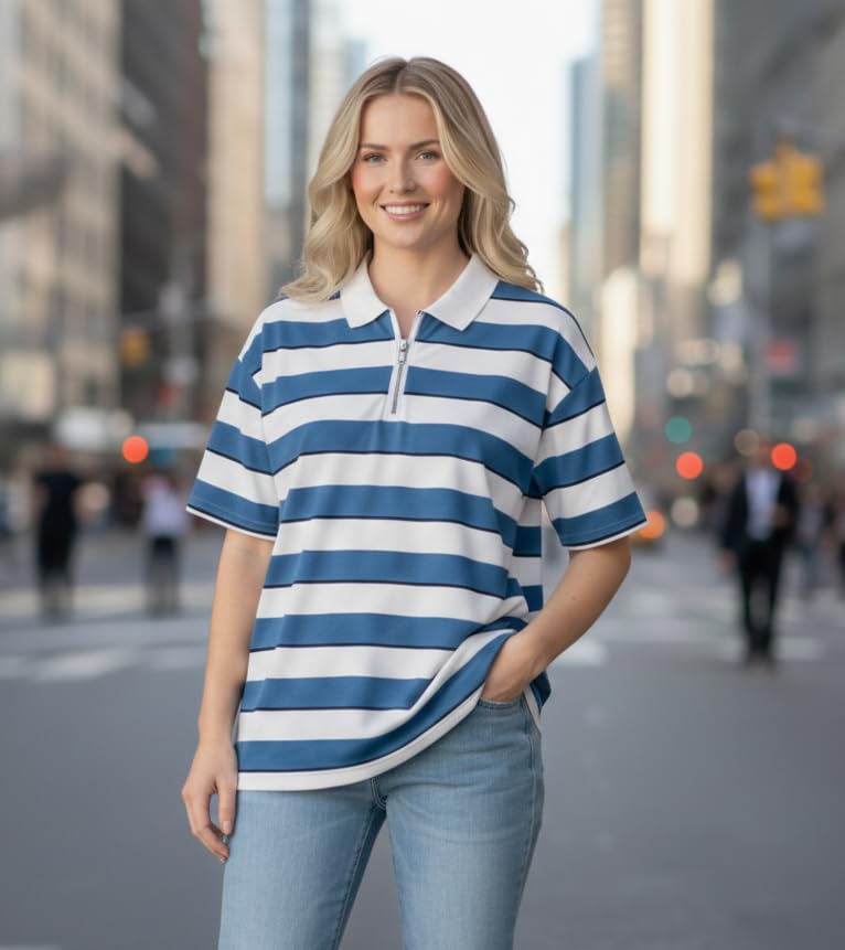 Image of Mack Jonney Women's Striped Polo T-Shirt | Half Zip Collar | Half Sleeve Cotton Casual Top | Relaxed Fit-M7496