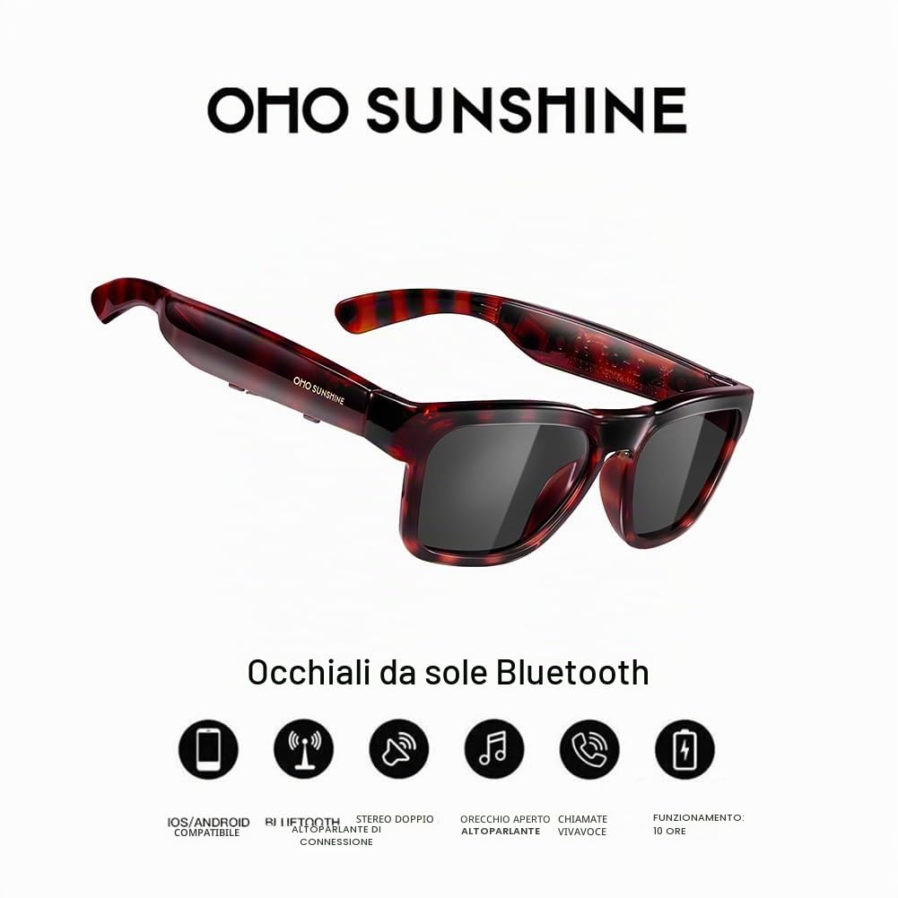 OhO - Occhiali da sole Bluetooth, controllo vocale e orecchio aperto, occhiali intelligenti per ascoltare musica e chiamate con volume su e gi, occhiali audio Bluetooth 5.2 e impermeabile IP44