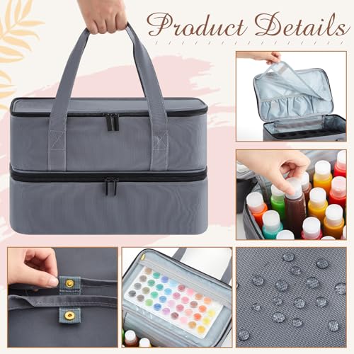 Image of Abbylike Acrylic Paint Organizer Case for up to 56 Bottles (2 Oz) Double Layer Art Supply Storage Bag Alcohol Ink Storage Paint Carry Case with Foam Insert and Inner Pocket(Gray)