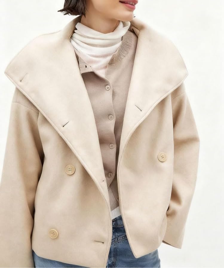 Ru Sweet Womens Winter Cropped Wool Blend Peacoat Notched Lapel Double Breasted Short Overcoat Jackets - Image 2