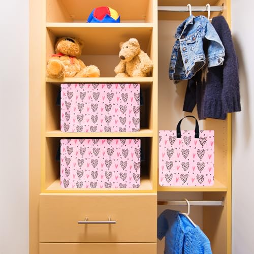 Image of Valentines Basket Rec Heart Print Box Hamper Storage Basket Collapsible Organizer Bin Gift Shelf Baskets for Home and Kitchen Storage