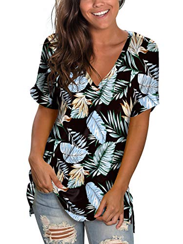 Image of Sampeel Women's V Neck T Shirts Casual Rolled Short Sleeve Side Split Summer Tops Loose Fit