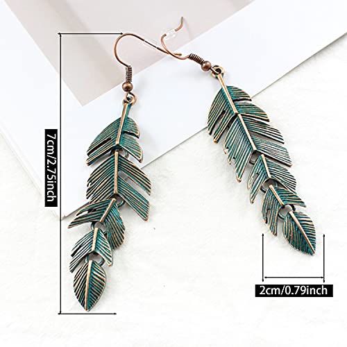 ANDPAI Handmade Boho Floating Feathers Dangle Drop Earrings Lightweight Vintage Green Bronze Statement Leaves Earrings with Detailed Texture Earring for Women2