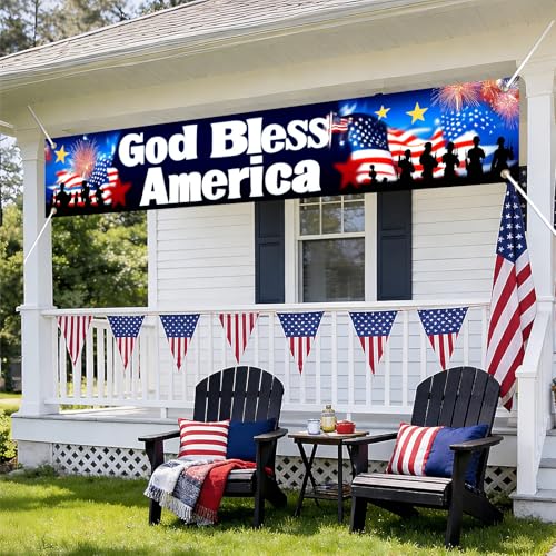 Image of BlissYard 4th of July Decorations God Bless America Banner 118 x 20 Inch Patriotic Banner for Outside Large American Flag Banner Memorial Day Independence Day Outdoor Decorations for Yard Fence Porch