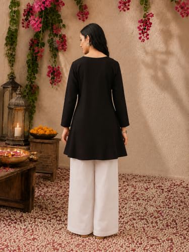 Image of QAZMI Women's Bahar Kashmiri Zari Resham Work Viscose Rayon Full Sleeves A-Line Short Kurti