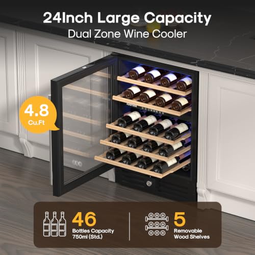 Image of ICEPURE 24 Inch Dual Zone Wine Cooler Refrigerator, 46 Bottle | 41-68℉ Control Freestanding Built-in Wine Fridge with Adjustable Shelves, Reversible Glass Door, Lock & Memory for Home Bar