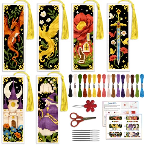 Image of ACRNIGHEET 6PCS Cross Stitch Bookmark Kit for Beginner Fairy Tale Stamped Cross Stitch Kits Needlepoint Kit for Adults DIY Tassel Embroidery Bookmark Kits with Instructions Craft Gift 8.5 inchx3 inch 11CT