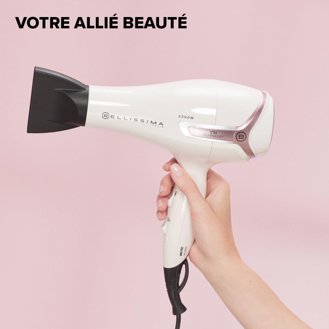 Bellissima Kit Sèche Cheveux Professionnel 2300W Blanc et Rose - Séchage Rapide, Chaleur Maîtrisée - Adapté Tous Types Cheveux - Accessoire Coiffure, Brushing - Brosse Ronde, Diffuseur Inclus