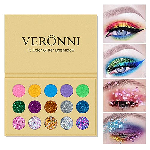 VERONNI Glitter Eyeshadow Palette -15 Colors Chunky & Fine Pressed Matte Shimmer Glitter Stage Halloween Makeup Pallet High Ultra Pigment Eye Shadow (15 Sequins Eyshadow) VERONNI Glitter Eyeshadow Palette -15 Colors Chunky & Fine Pressed Matte Shimmer Glitter Stage Halloween Makeup Pallet High Ultra Pigment Eye Shadow (15 Sequins Eyshadow)