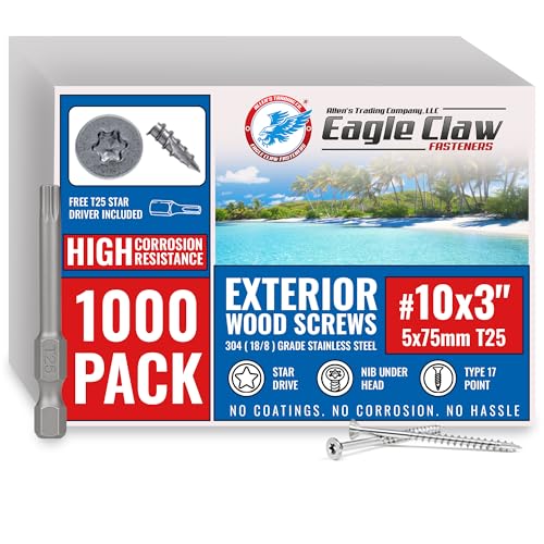 Image of #10 x 3 Inch Stainless Steel Deck Screws | 305 Grade (1000 Pack) | Flat Head T25 Star Torx Drive | Stainless Steel Screws by Eagle Claw Fasteners | Corrosion & Rust Resistant (Incl. 2 Driver Bits)