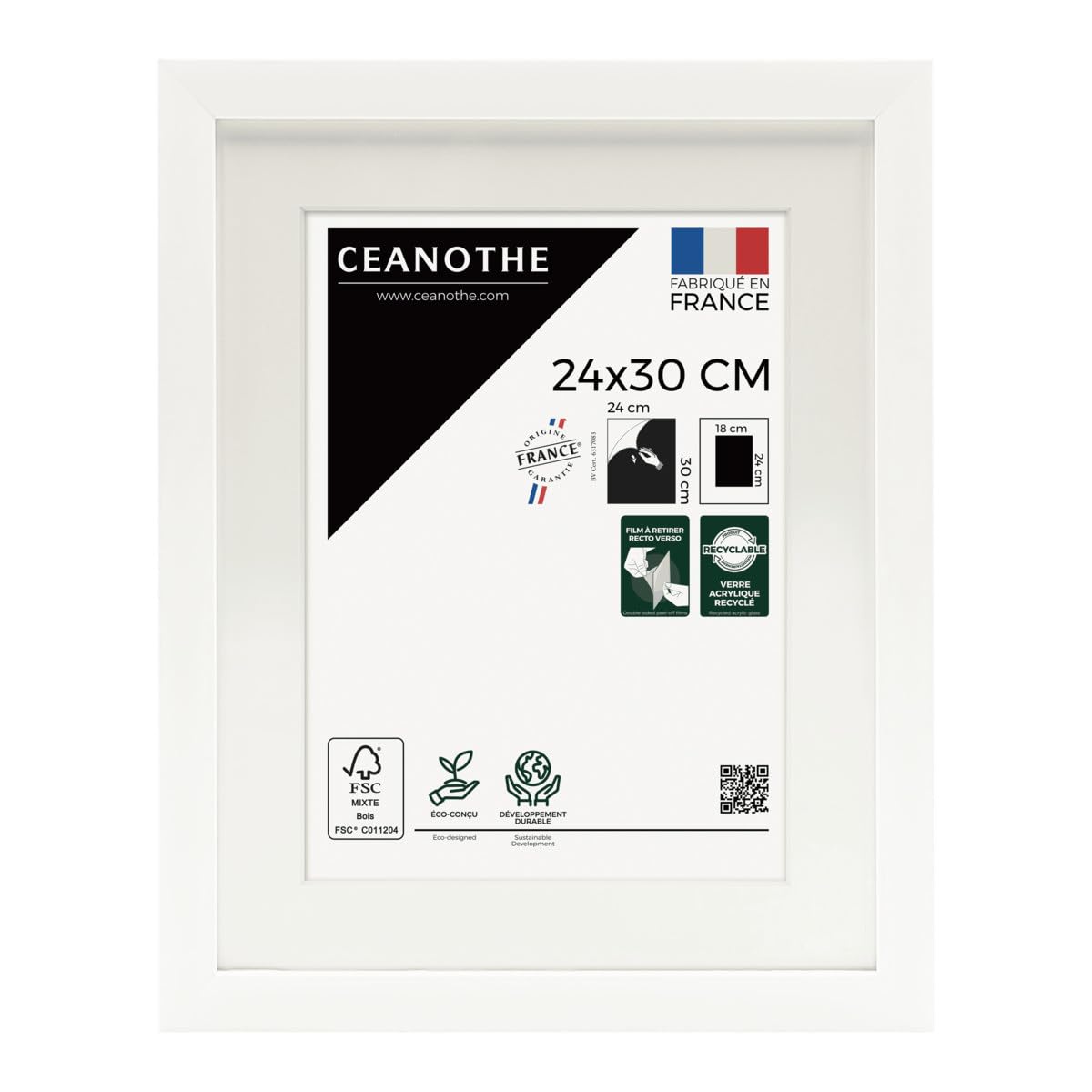 Ceanothe Cadre Photo 24x30 cm en Bois FSC Blanc Passe-​partout 18x24 cm - Convient au A4 Design Effet Caisse Collection MILAN Verre acrylique Incassable Fabriqué en France