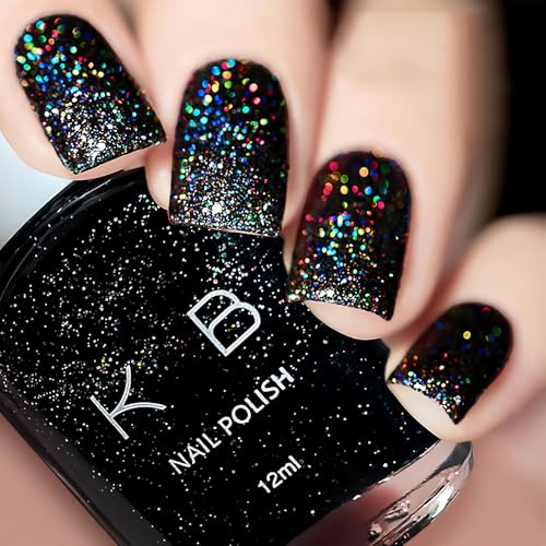 NovaCharm Black Glitter Nail Polish Quick Dry Nailpolish No UV Light Needed Sparkly Black Nail Polish for Women & Men Long-Lasting Glitter Polish Easy to Use