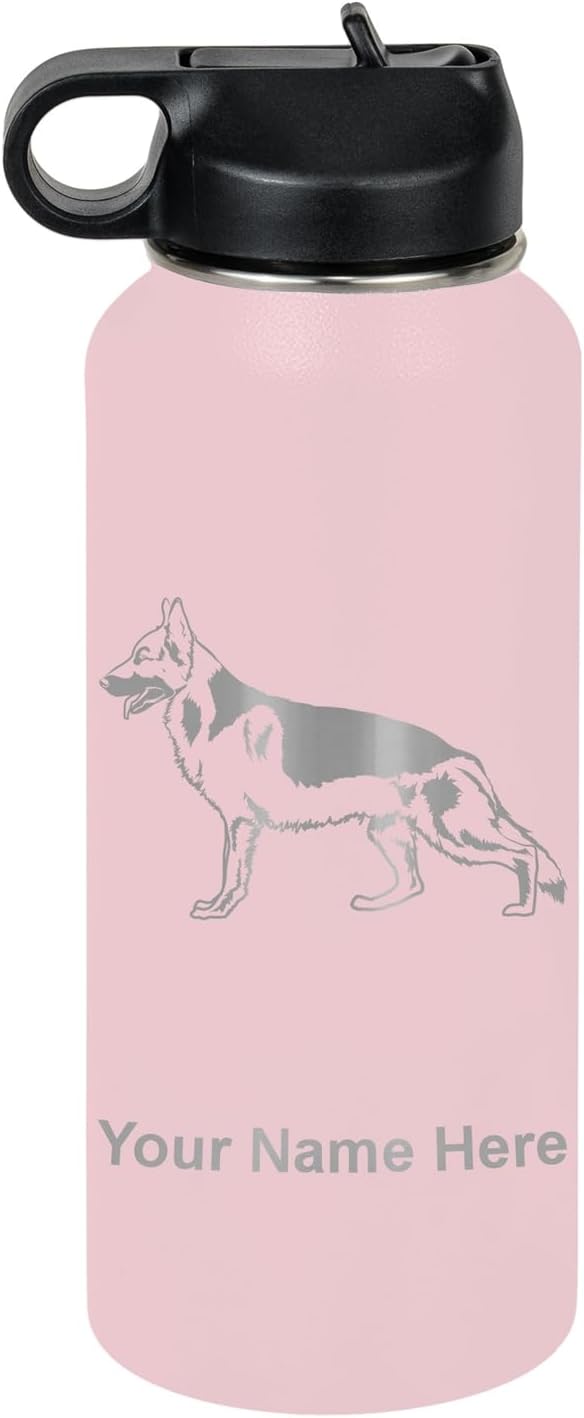 LaserGram Personalized Water Bottle, German Shepherd Dog, Stainless Steel Double Wall Vacuum Insulated with Flip Top Straw, Custom Engraved Gift (32oz / 950ml Pink)