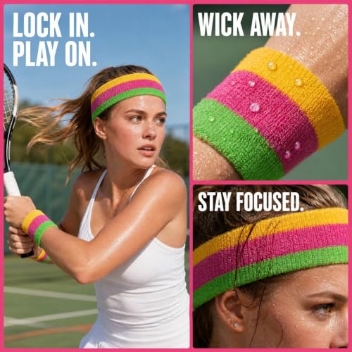 Image of ONUPGO Neon Sweatbands Set - 3 Piece Sport Headband & Wristbands for Men, Women & Kids | Moisture Wicking Athletic Sweat Bands for Running, Gym, Tennis, Basketball, Soccer | 80s Retro Style