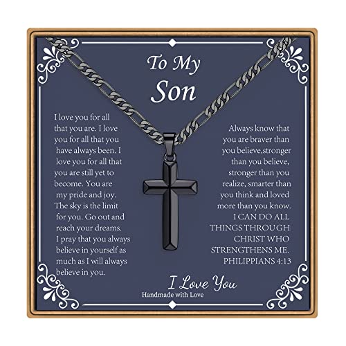 IEFLIFE Cross Necklace Gifts for Men, Silver/Black/Gold Cross Necklace, Figaro Chain for Men, Fathers Day Christmas Baptism Religious Christian Gift for Dad Son Grandpa Boyfriend Husband