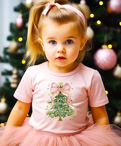 Christmas Tree with Pink Bow Topper Graphic Shirt for Women Teens and Girls Cute Holiday Tee4
