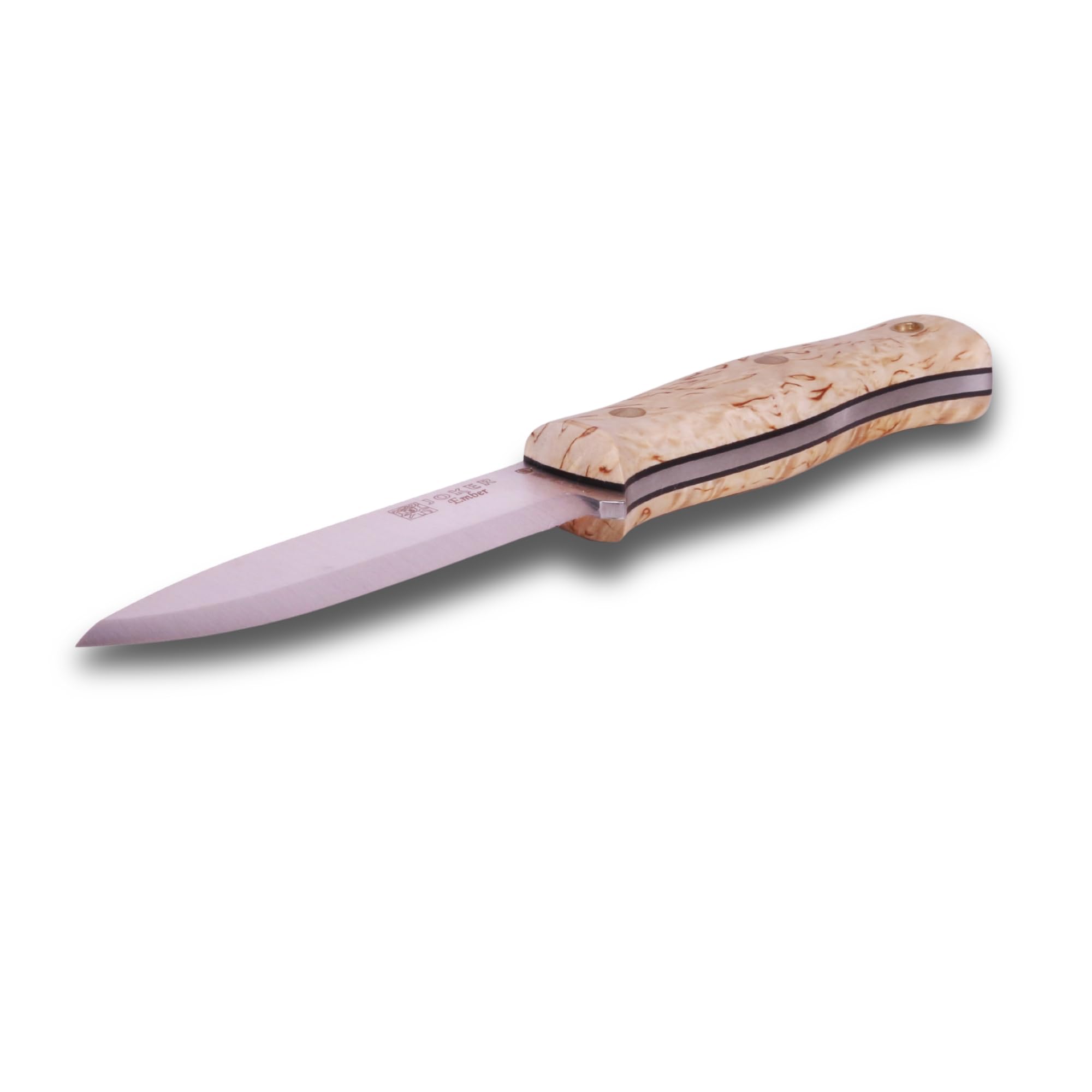 joker Coltello da caccia Ember Scandi CL122, lama da 10,5 cm in acciaio Sandvik 14C24N, mango betulla riccia, fodero in pelle, per la pesca, la caccia, il campeggio e l'escursionismo